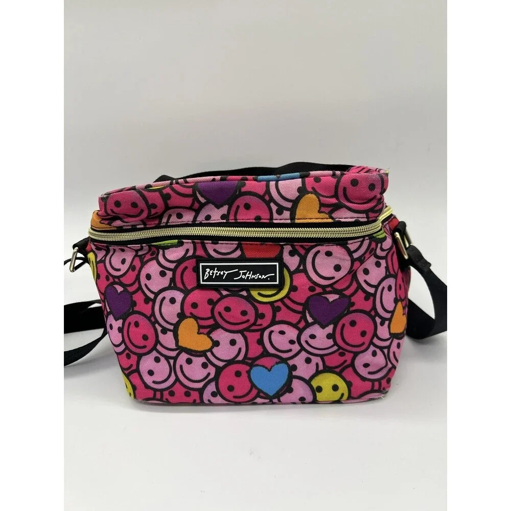 Betsey Johnson Smiley Face Hearts Lunch Bag Pink Kids Insulated Strap Novelty